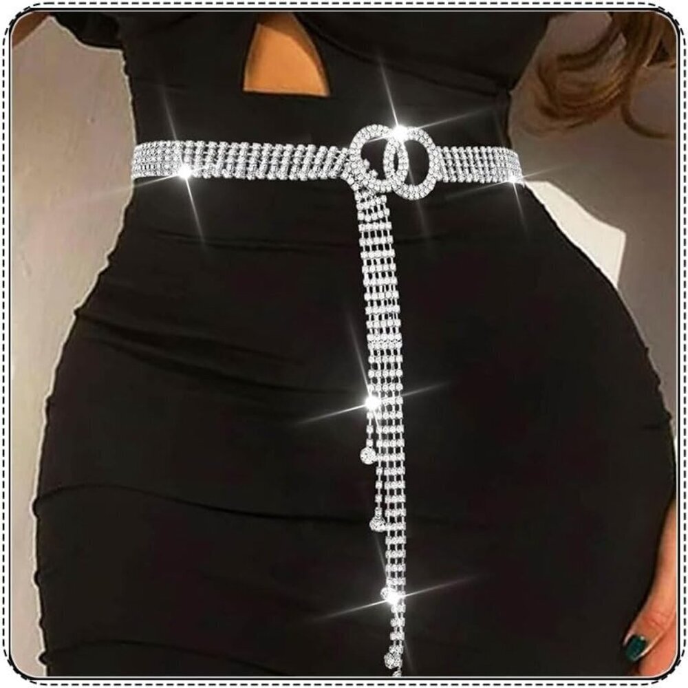 Silver Rhinestone Belt Sparkly Waist Chain for Women Dress Party Night